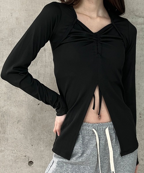 GLAMOROUS JANE（グラマラスジェーン）の「フロントシャーリング長袖トップス（Tシャツ/カットソー・レディース・ブラウン/ブラック・FREE）」の4枚目の写真