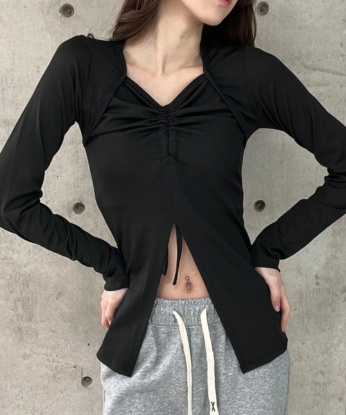 GLAMOROUS JANE（グラマラスジェーン）の「フロントシャーリング長袖トップス（Tシャツ/カットソー・レディース・ブラウン/ブラック・FREE）」の6枚目の写真