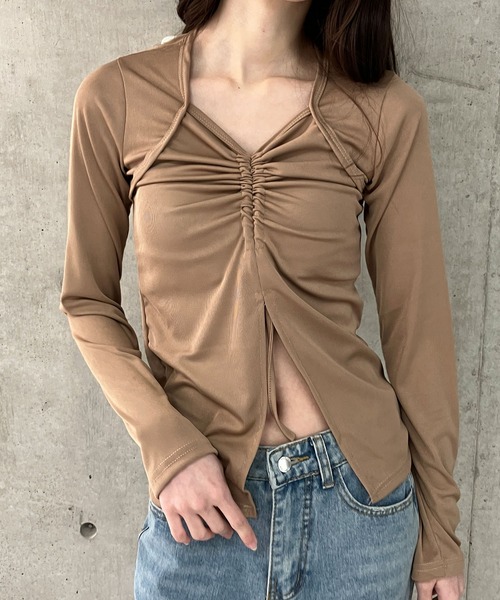 GLAMOROUS JANE（グラマラスジェーン）の「フロントシャーリング長袖トップス（Tシャツ/カットソー・レディース・ブラウン/ブラック・FREE）」の10枚目の写真