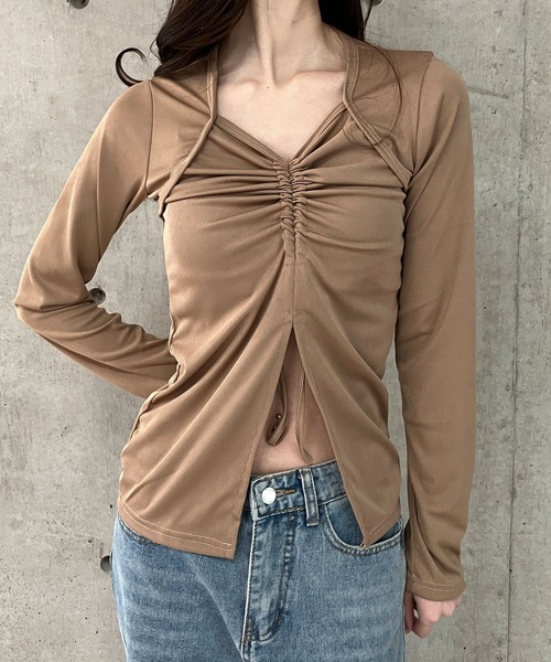 GLAMOROUS JANE（グラマラスジェーン）の「フロントシャーリング長袖トップス（Tシャツ/カットソー・レディース・ブラウン/ブラック・FREE）」の11枚目の写真