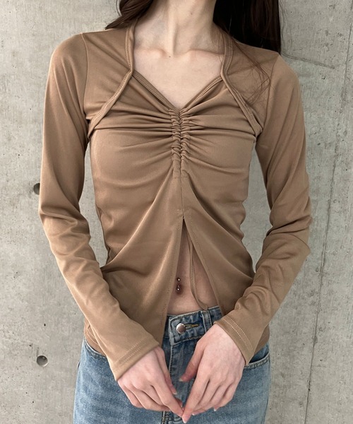 GLAMOROUS JANE（グラマラスジェーン）の「フロントシャーリング長袖トップス（Tシャツ/カットソー・レディース・ブラウン/ブラック・FREE）」の12枚目の写真