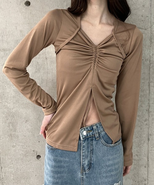 GLAMOROUS JANE（グラマラスジェーン）の「フロントシャーリング長袖トップス（Tシャツ/カットソー・レディース・ブラウン/ブラック・FREE）」の13枚目の写真