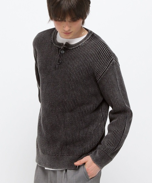 LAND MUSEUM（ランドミュージアム）の「LAND MUSEUM／ピグメントヘンリーニット（ニット/セーター・メンズ・ブラック/ネイビー・LARGE/MEDIUM）」の7枚目の写真