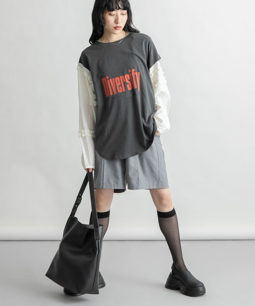 KBF / ケービーエフ フリルスリーブドッキングTEE セール】フリルスリーブドッキングTEE（Tシャツ/カットソー