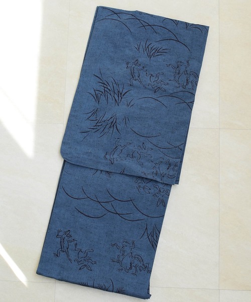 手染め注染浴衣3点セット utatane×注染工房 赤坂紬 青藍の鳥獣