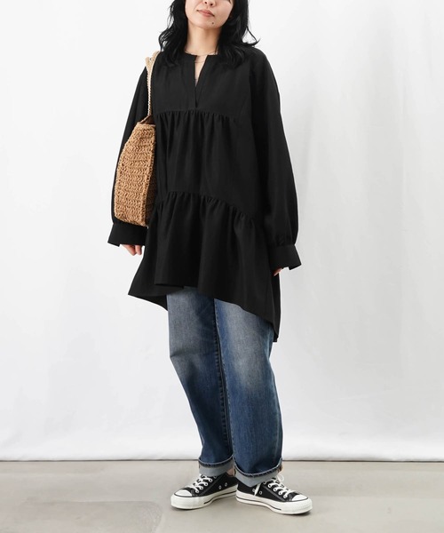 【ルカレディラックルカ】キルティング切替シャツチュニック　黒　中綿 セール】LC/LLL ティアードチュニック（シャツ/ブラウス）｜LUCA