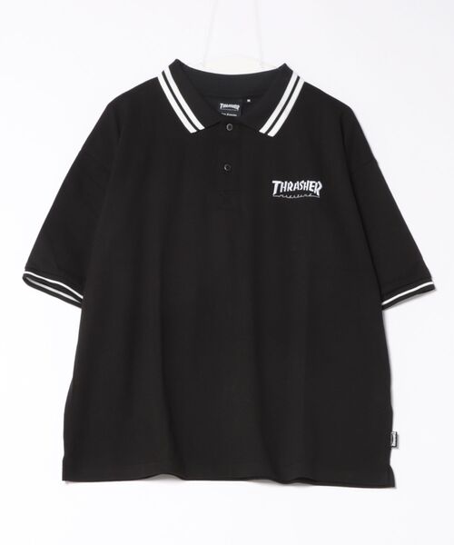 THRASHER(スラッシャー)の「【THRASHER/スラッシャー】ワンポイント 刺繍 鹿の子 ワイドポロシャツ(ポロシャツ・メンズ・ブラック/ホワイト・LARGE/MEDIUM)」の1枚目の写真