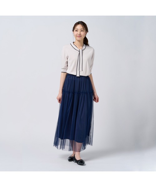 TOKYO SHIRTS（トウキョウシャツ）の「レディースニット ドライレーヨン 半袖ボウタイプルオーバー（ニット/セーター・レディース・ネイビー/ベージュ・L/LL/M）」の13枚目の写真