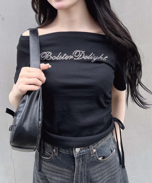 INGNI(イング)の「ラインストーンロゴサイドギャザーオフショルリブトップス(Tシャツ/カットソー・レディース・ブラック/オフホワイト/グレー/ブラウン系6/グレー系9・M)」の3枚目の写真