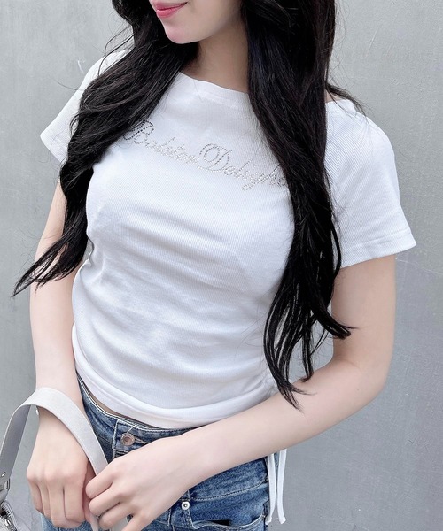 INGNI(イング)の「ラインストーンロゴサイドギャザーオフショルリブトップス(Tシャツ/カットソー・レディース・ブラック/オフホワイト/グレー/ブラウン系6/グレー系9・M)」の7枚目の写真