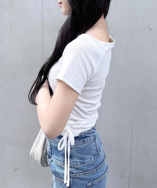 INGNI(イング)の「ラインストーンロゴサイドギャザーオフショルリブトップス(Tシャツ/カットソー・レディース・ブラック/オフホワイト/グレー/ブラウン系6/グレー系9・M)」の8枚目の写真
