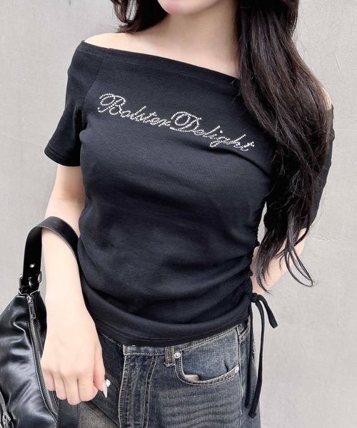 INGNI(イング)の「ラインストーンロゴサイドギャザーオフショルリブトップス(Tシャツ/カットソー・レディース・ブラック/オフホワイト/グレー/ブラウン系6/グレー系9・M)」の12枚目の写真