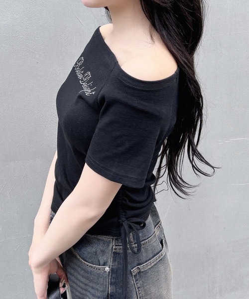 INGNI(イング)の「ラインストーンロゴサイドギャザーオフショルリブトップス(Tシャツ/カットソー・レディース・ブラック/オフホワイト/グレー/ブラウン系6/グレー系9・M)」の14枚目の写真