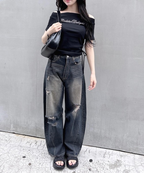 INGNI(イング)の「ラインストーンロゴサイドギャザーオフショルリブトップス(Tシャツ/カットソー・レディース・ブラック/オフホワイト/グレー/ブラウン系6/グレー系9・M)」の16枚目の写真