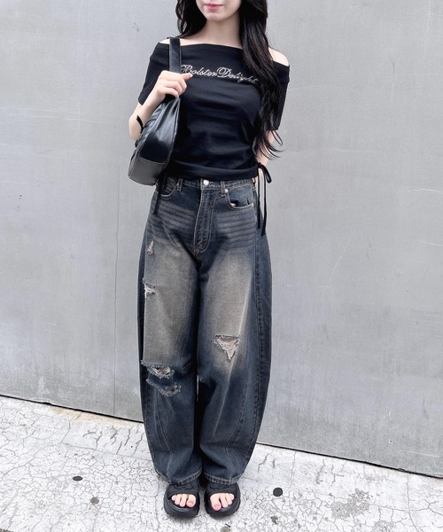 INGNI(イング)の「ラインストーンロゴサイドギャザーオフショルリブトップス(Tシャツ/カットソー・レディース・ブラック/オフホワイト/グレー/ブラウン系6/グレー系9・M)」の17枚目の写真