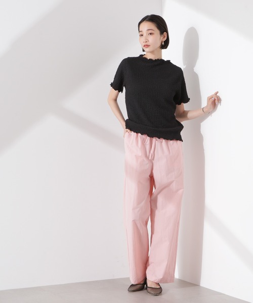 NANO universe（ナノユニバース）の「シャーリングジャガード半袖ナロートップス (セットアップ可)（Tシャツ/カットソー・レディース・ブラック/ベージュ/ブルー・FREE）」の7枚目の写真