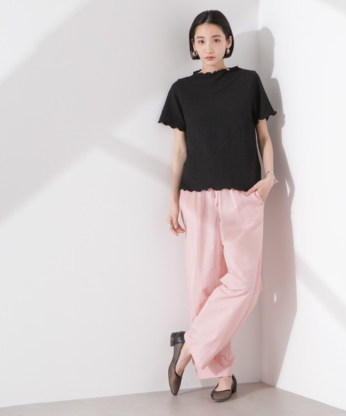 NANO universe（ナノユニバース）の「シャーリングジャガード半袖ナロートップス (セットアップ可)（Tシャツ/カットソー・レディース・ブラック/ベージュ/ブルー・FREE）」の10枚目の写真