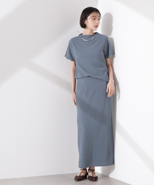 NANO universe（ナノユニバース）の「シャーリングジャガード半袖ナロートップス (セットアップ可)（Tシャツ/カットソー・レディース・ブラック/ベージュ/ブルー・FREE）」の14枚目の写真