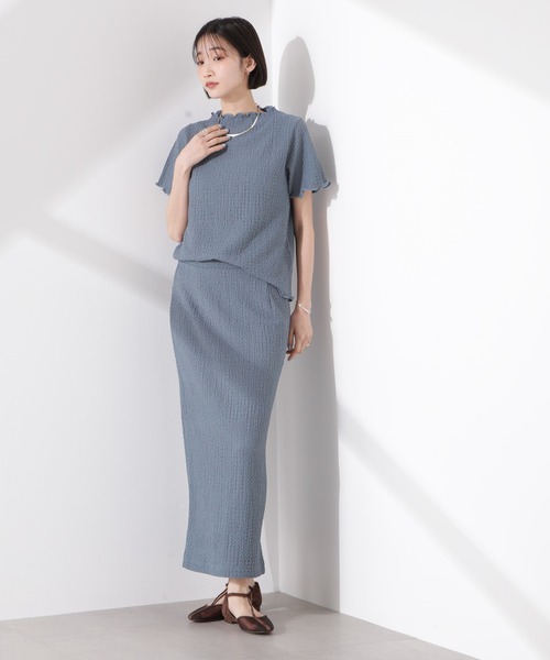 NANO universe（ナノユニバース）の「シャーリングジャガード半袖ナロートップス (セットアップ可)（Tシャツ/カットソー・レディース・ブラック/ベージュ/ブルー・FREE）」の15枚目の写真