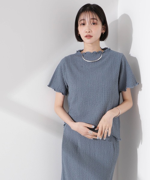 NANO universe（ナノユニバース）の「シャーリングジャガード半袖ナロートップス (セットアップ可)（Tシャツ/カットソー・レディース・ブラック/ベージュ/ブルー・FREE）」の11枚目の写真