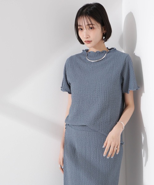 NANO universe（ナノユニバース）の「シャーリングジャガード半袖ナロートップス (セットアップ可)（Tシャツ/カットソー・レディース・ブラック/ベージュ/ブルー・FREE）」の13枚目の写真