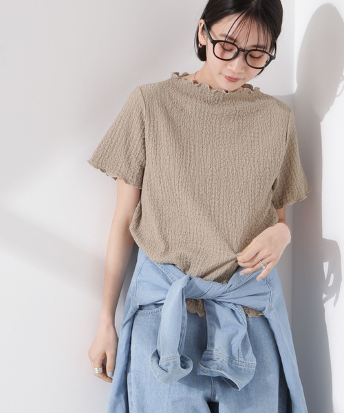 NANO universe（ナノユニバース）の「シャーリングジャガード半袖ナロートップス (セットアップ可)（Tシャツ/カットソー・レディース・ブラック/ベージュ/ブルー・FREE）」の19枚目の写真