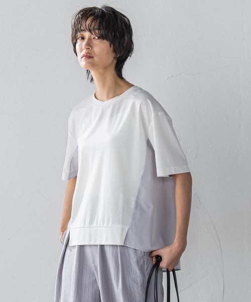 MAYSON GREY(メイソングレイ)の「異素材コンビネーション半袖プルオーバー≪洗濯機で洗える≫(Tシャツ/カットソー・レディース・ホワイト/ブラック/ブルー・M)」の2枚目の写真