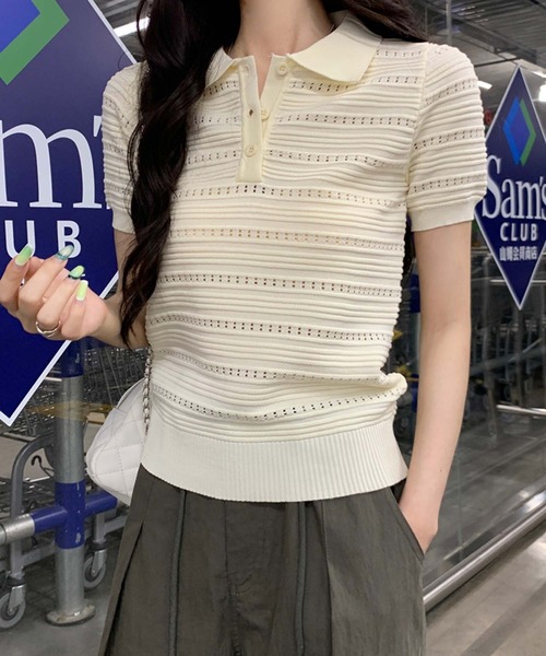 LAFFMO(ラフモ)の「ポロカラーボーダーデザイン編み半袖ニット(ニット/セーター・レディース・ブラック/アイボリー・F)」の3枚目の写真
