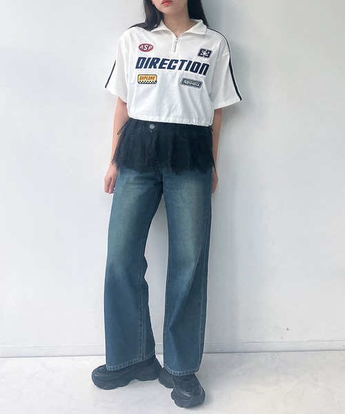セール】○ドロスト付き 袖ラインワッペンハーフジップTシャツ