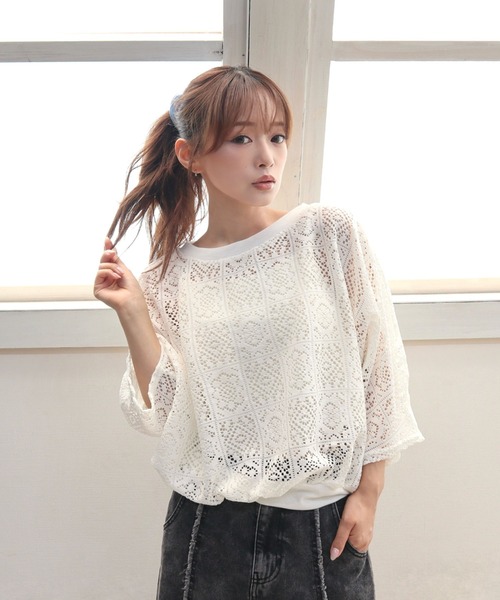 セール】パネルレースドルマンスリーブトップス（Tシャツ