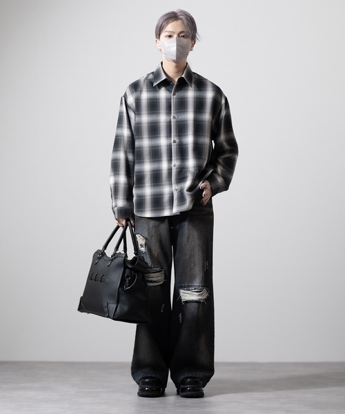 ブラック・グレー チェック ウールカシミヤマフラー/ブラック＆グレー×チェック/ウォシャブル/30cm