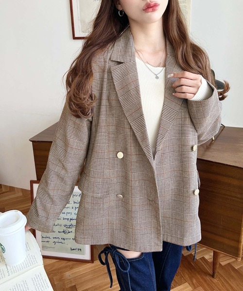 セール】マットゴールド釦グレンチェックダブルテーラードジャケット