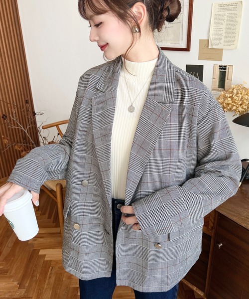 マットゴールド釦グレンチェックダブルテーラードジャケット