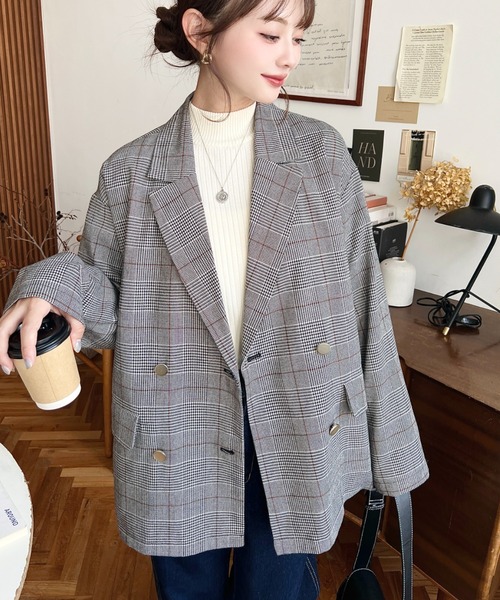マットゴールド釦グレンチェックダブルテーラードジャケット