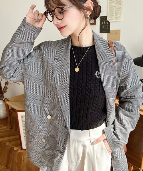 マットゴールド釦グレンチェックダブルテーラードジャケット