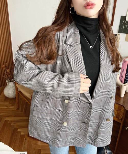 マットゴールド釦グレンチェックダブルテーラードジャケット