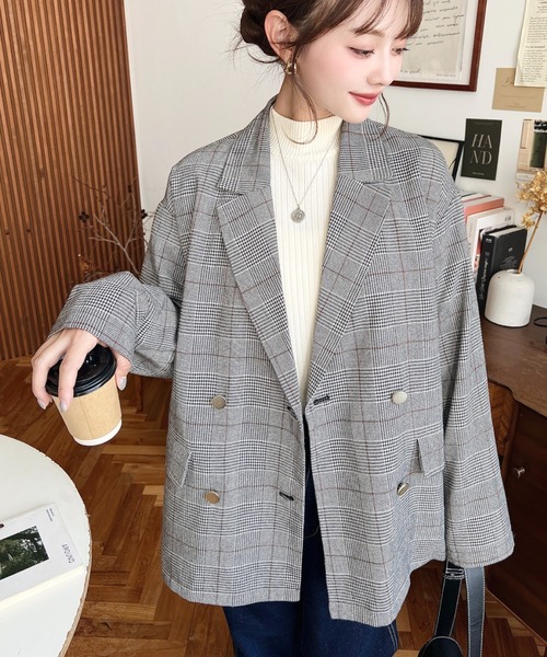セール】マットゴールド釦グレンチェックダブルテーラードジャケット
