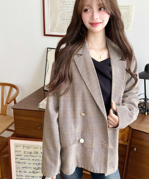 マットゴールド釦グレンチェックダブルテーラードジャケット