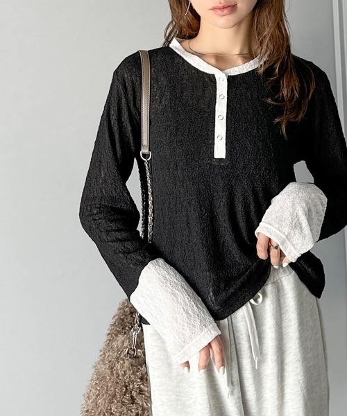 mily bilet(ミウィビレット)の「【mily bilet】シンプルさの中にフェミニンさをプラスしたデザイン。袖配色レースヘンリーカットソー(長袖)(Tシャツ/カットソー・レディース・チャコールグレー/モカ/ブラック/アイボリー・LARGE/MEDIUM/SMALL/X-LARGE)」の16枚目の写真