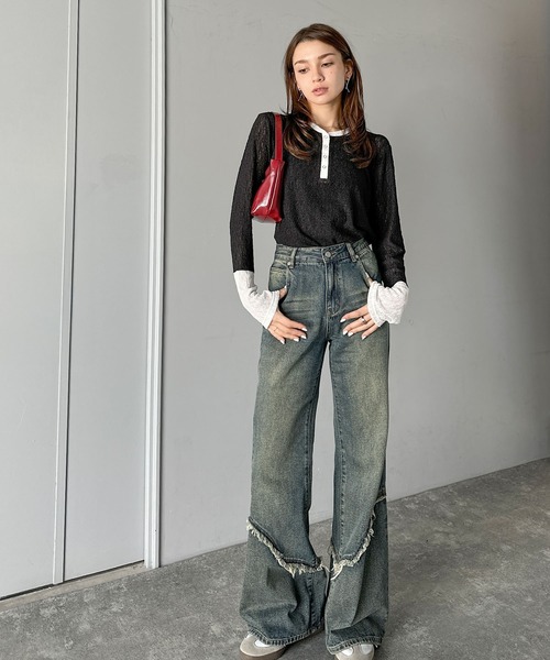 mily bilet(ミウィビレット)の「【mily bilet】シンプルさの中にフェミニンさをプラスしたデザイン。袖配色レースヘンリーカットソー(長袖)(Tシャツ/カットソー・レディース・チャコールグレー/モカ/ブラック/アイボリー・LARGE/MEDIUM/SMALL/X-LARGE)」の18枚目の写真