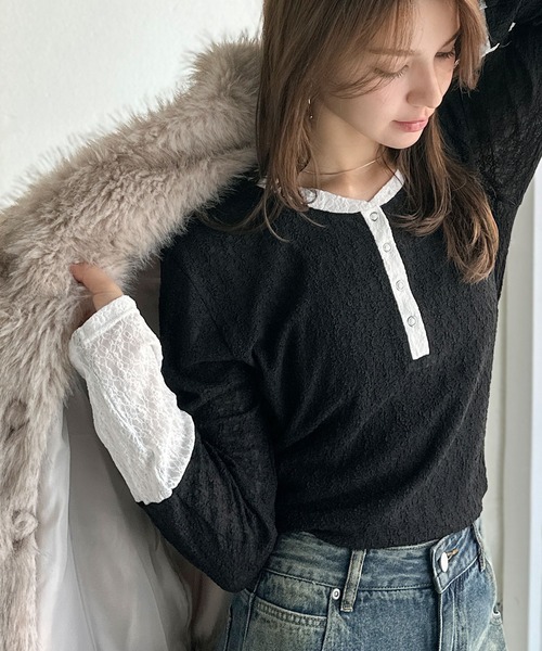 mily bilet(ミウィビレット)の「【mily bilet】シンプルさの中にフェミニンさをプラスしたデザイン。袖配色レースヘンリーカットソー(長袖)(Tシャツ/カットソー・レディース・チャコールグレー/モカ/ブラック/アイボリー・LARGE/MEDIUM/SMALL/X-LARGE)」の17枚目の写真