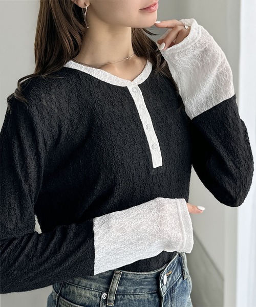 mily bilet(ミウィビレット)の「【mily bilet】シンプルさの中にフェミニンさをプラスしたデザイン。袖配色レースヘンリーカットソー(長袖)(Tシャツ/カットソー・レディース・チャコールグレー/モカ/ブラック/アイボリー・LARGE/MEDIUM/SMALL/X-LARGE)」の7枚目の写真