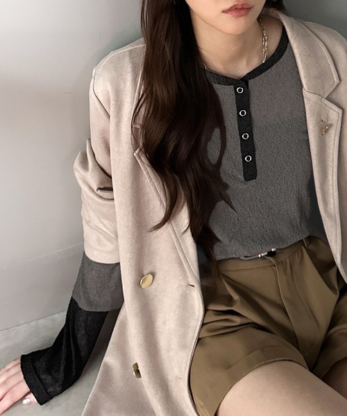 mily bilet(ミウィビレット)の「【mily bilet】シンプルさの中にフェミニンさをプラスしたデザイン。袖配色レースヘンリーカットソー(長袖)(Tシャツ/カットソー・レディース・チャコールグレー/モカ/ブラック/アイボリー・LARGE/MEDIUM/SMALL/X-LARGE)」の11枚目の写真