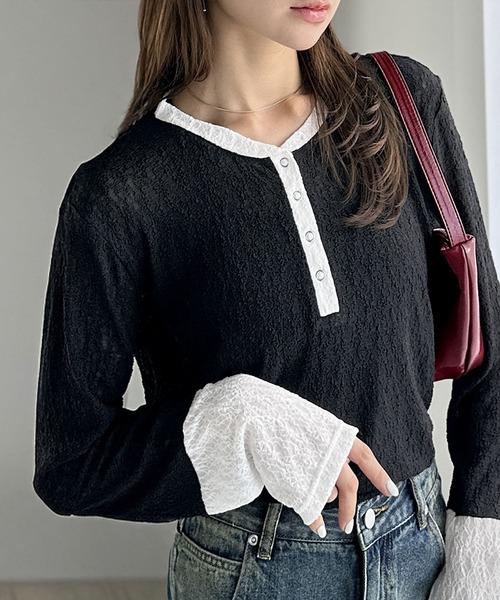 mily bilet(ミウィビレット)の「【mily bilet】シンプルさの中にフェミニンさをプラスしたデザイン。袖配色レースヘンリーカットソー(長袖)(Tシャツ/カットソー・レディース・チャコールグレー/モカ/ブラック/アイボリー・LARGE/MEDIUM/SMALL/X-LARGE)」の6枚目の写真