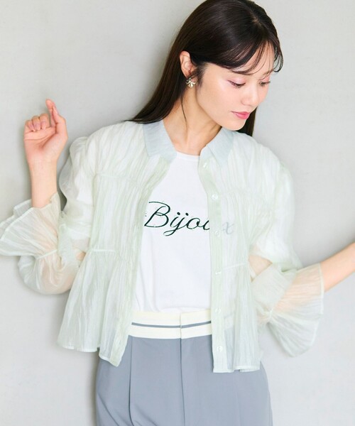 Feroux(フェルゥ)の「【洗える】シャーリング シアーシャツ(シャツ/ブラウス・レディース・ピンク系/アイボリー系/ライトグリーン系・F)」の2枚目の写真