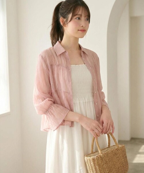 Feroux(フェルゥ)の「【洗える】シャーリング シアーシャツ(シャツ/ブラウス・レディース・ピンク系/アイボリー系/ライトグリーン系・F)」の6枚目の写真