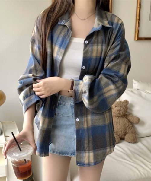 セール】オーバーサイズチェック長袖シャツ（シャツ/ブラウス）｜yuue