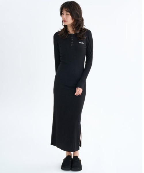 RVCA(ルーカ)の「RVCA/ルーカ HENRY NECK SLIM DRESS リブワンピース サイドスリット BF044-351(ワンピース・レディース・ブラック/ベージュ/杢グレー・M)」の9枚目の写真