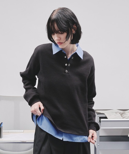 selle glant（セレグランテ）の「WAFFLE HENLEY T-SHIRT/ワッフルヘンリーネックTシャツ（Tシャツ/カットソー・メンズ・ブラック/グレー/ブラック系・SMALL/MEDIUM/LARGE）」の16枚目の写真