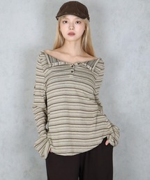 BARELY BLUE（ベアリーブルー）の「【 BARELY BLUE / ベアリーブルー 】 オフショル ルーズ ボーダー ロンT（Tシャツ/カットソー）」